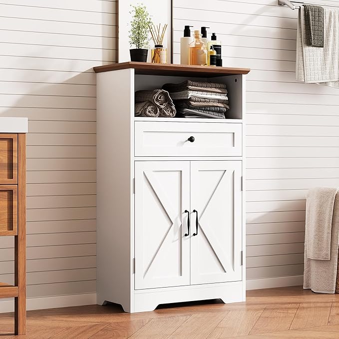 Floor Cabinet, Farmhouse Storage Cabinet with Barn Doors and Drawer, 11.81" D x 23.62" W x 39.37" H White Freestanding Adjustable Shelf Organizer for Bathroom, Kitchen, Living Room
