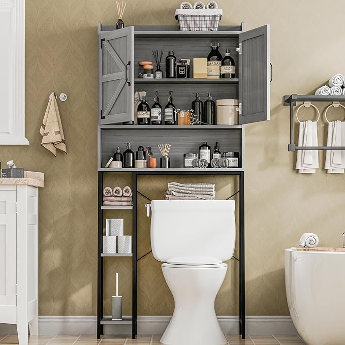 Vabches Over The Toilet Storage Cabinet, Farmhouse Storage Cabinet Over Toilet with Barn Doors & Toilet Paper Holder Stand,Home Space-Saving Toilet Rack, for Restroom/Laundry and Bathroom