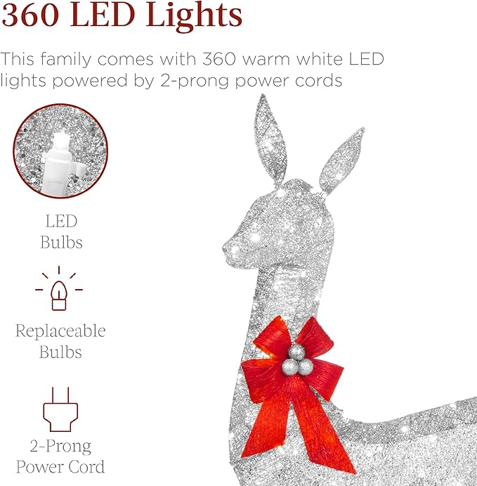 Best Choice Products 3-Piece Large Lighted Christmas Deer Family Set 5Ft Outdoor Yard Decoration with 360 LED Lights, Stakes, Zip Ties - Silver