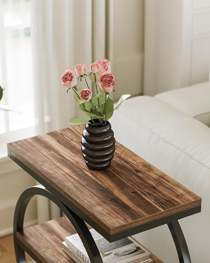 LITTLE TREE End Table, 3-Tier Side Table, Slim Sofa Side Table for Living Room, Tall Bedside Table Nightstand for Bedroom, Rustic Brown and Black