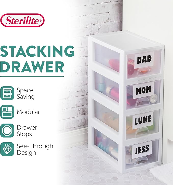 Sterilite 12-Pack 6 Quart Stacking Drawer, Clear Storage Closet Organizer, White Frame - Stackable Modular Plastic Drawers for Clothes, Accessories, Craft Supplies, Shoes or Linens