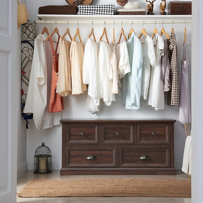 Farmhouse 5 Drawers Dresser for Bedroom, 45" Wide Chest of Drawers, 21" Tall Storage Closet Bench Storage Chest Storage Trunk, Wood Rustic Dresser for Closet, Living Room, Hallway, Brown