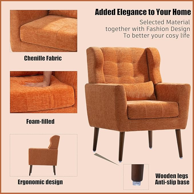 Accent Chair, Comfy Upholstered Living Room Chairs with High Tufted Backrest and Pillow, Wingback Reading Chair with Solid Wood Legs for Bedroom/Office, Chenille Fabric, Orange