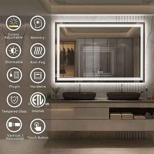 60x40 Inch Lighted Bathroom Mirror for Wall, LED Illuminated Vanity Mirror with Lights, Dimmable, Anti-Fog, ETL Listed (Backlit and Front Lighted)