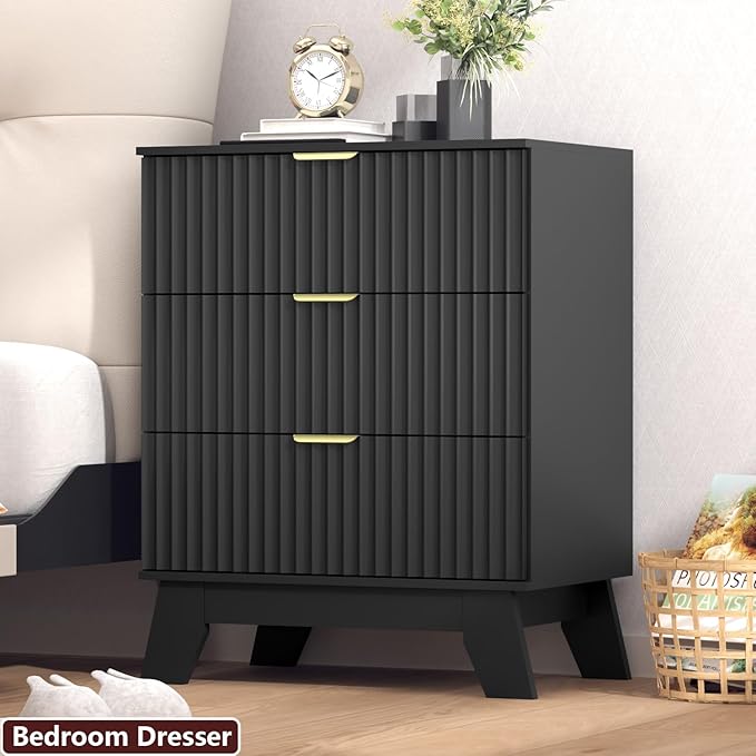 Fluted Dresser for Bedroom,3 Drawer Dresser for Closet,Storage Cabinet and Chest of Drawers with Gold Handle,TV Stand,Storage Organizer for Living Room,Hallway,Entryway,Black