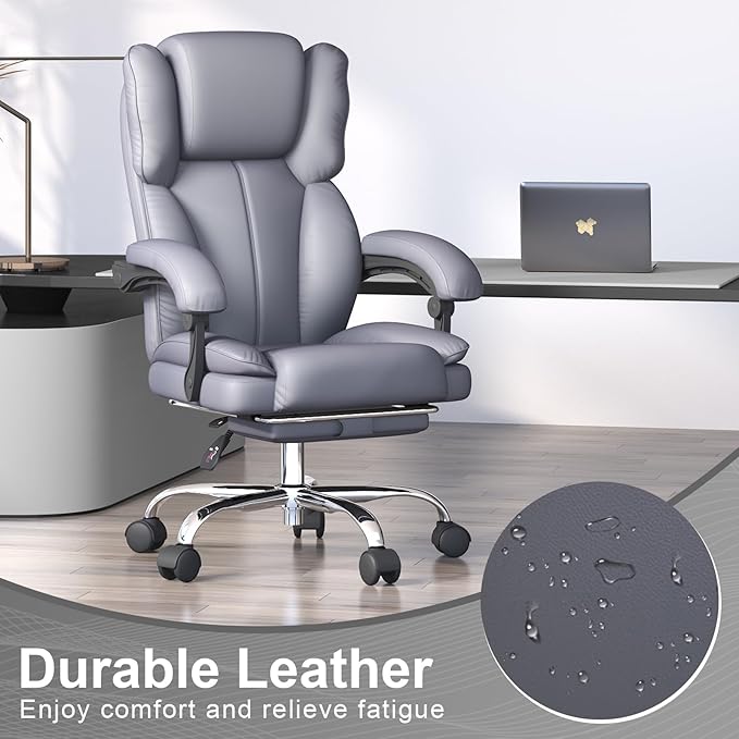 Big and Tall Office Chair, Executive Home Office Desk Chair, Leather Computer Chair with Retractable Footrest, Adjustable Headrest and Reclining Height, Padded Arms, 360°Swivel Free, Wide Seat, Gray