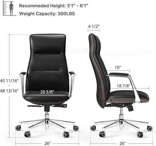 EUREKA ERGONOMIC Royal Slim Executive High Back Black Leather Office Chair, Home Desk Chair for Adults, Big and Tall with Wheels, Swivel Rolling