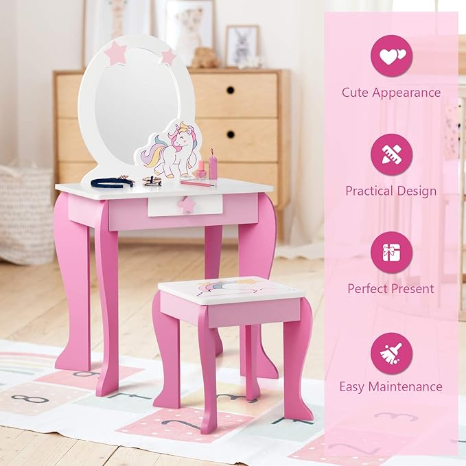 HONEY JOY Unicorn Kids Vanity, Toddler Makeup Table with Mirror and Stool, Wooden Pretend Play Vanity for Little Girls, Detachable Mirror and Storage Drawer, Kids Vanity Table and Chair Set (Pink)