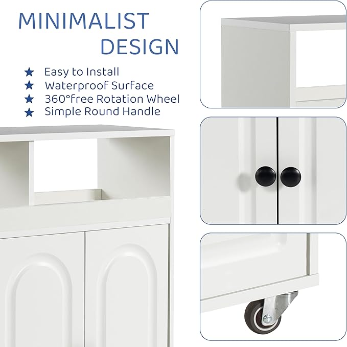 Bathroom Storage Cart with Doors,3-Door Cabinet & Divided Open Shelf,Rolling Organizer Cart for Bathroom, Toilet,White (1)