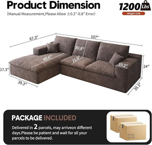 107'' L-Shaped Modern Modular Sectional Cloud Couch, 4-Seat Chenille Deep-Seat Sofa with Pillow for Living Room, Bedroom, Apartment, Camel