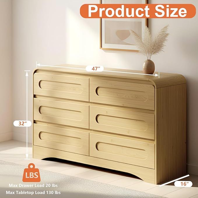 Wood Dresser, Modern 6 Drawers Dressers & Chest of Drawers with Pre-installed Slide&Curved Profile Design, 47" Wide Closet Clothes Storage Dressers Organizer for Bedroom Living Room Hallway, Oak
