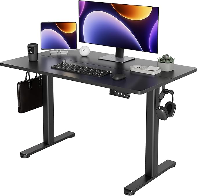 YDN Electric Standing Desk Adjustable Height, 48 x 24 Inches Stand up Desk with Cable Management, Home Office Desks with Splice Board & Black Frame, Black Top