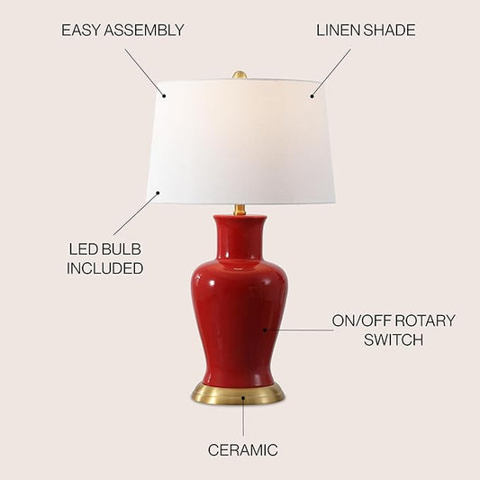 JONATHAN Y JYL4026G Julian 29" Traditional Classic Ceramic Urn LED Table Lamp, Red for Bedroom, Living Room, Kitchen, Home Office, Kids Room