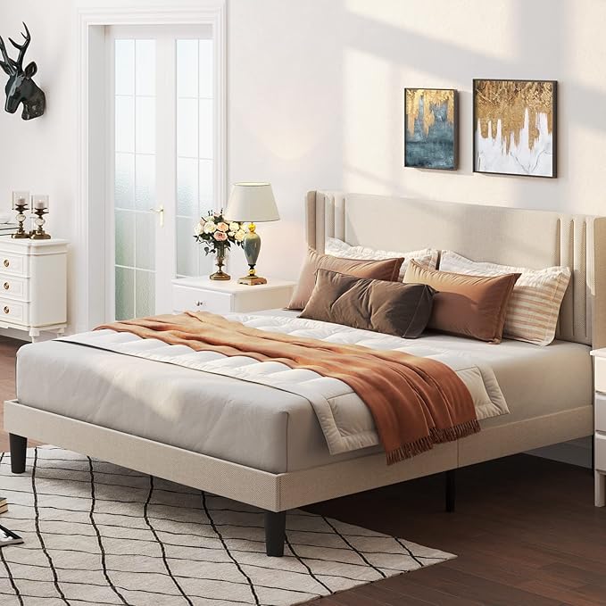 Gizoon Queen Bed Frame with Wingback Headboard, Upholstered Platform Bed, Wooden Slats, Noise-Free, No Box Spring Needed, Easy Assembly