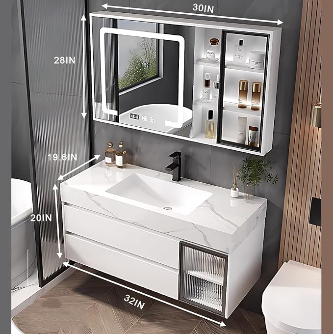 White 32IN Modern Bathroom Vanity - Wall-Mounted Bathroom Storage Cabinet & Bathroom Vanity with Sink, Bathroom Medicine Cabinet Wall Mounted, Defogging & Led Lighting | Bathroom Cabinet Slim