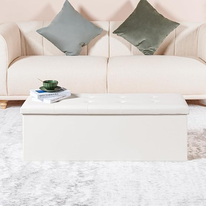 PINPLUS Folding Storage Ottoman Bench with Tray, 43.3inches Faux Leather Long Storage Chest Footrest Seat, Coffee Table, Foot of Bed Storage Bench for Living Room Bedroom, Beige