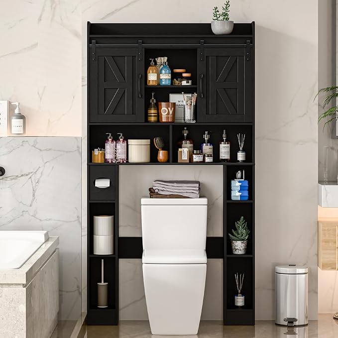 Farmhouse Storage Cabinet Over Toilet with Sliding Doors,Over The Toilet Storage Cabinet, Home Space-Saving Toilet Rack, for Bathroom, Restroom, Laundry.Pure Black