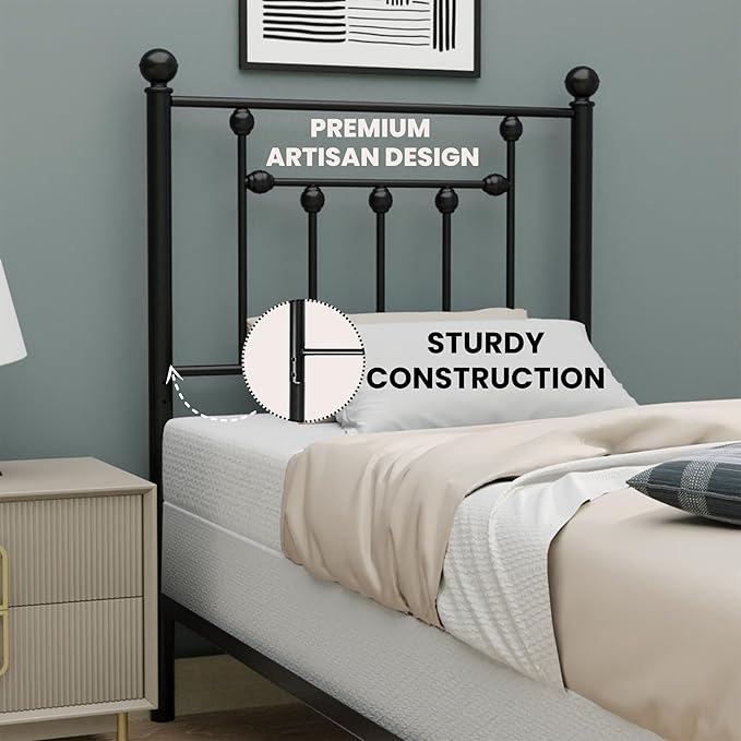 Victorian Twin Size Metal Bed Frame Height Adjustable Headboard Only, Wrought Iron Black Farmhouse Bed Frame Headboard, Easy Assembly, Short Clearance, Tall or Low Setting