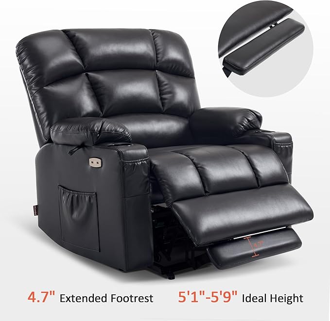 MCombo Oversized Dual Motor Power Lift Recliner Chair Sofa with Massage and Heat for Big Elderly People, Infinite Position, USB Ports, Faux Leather R7677 (Black, Medium-Oversize)