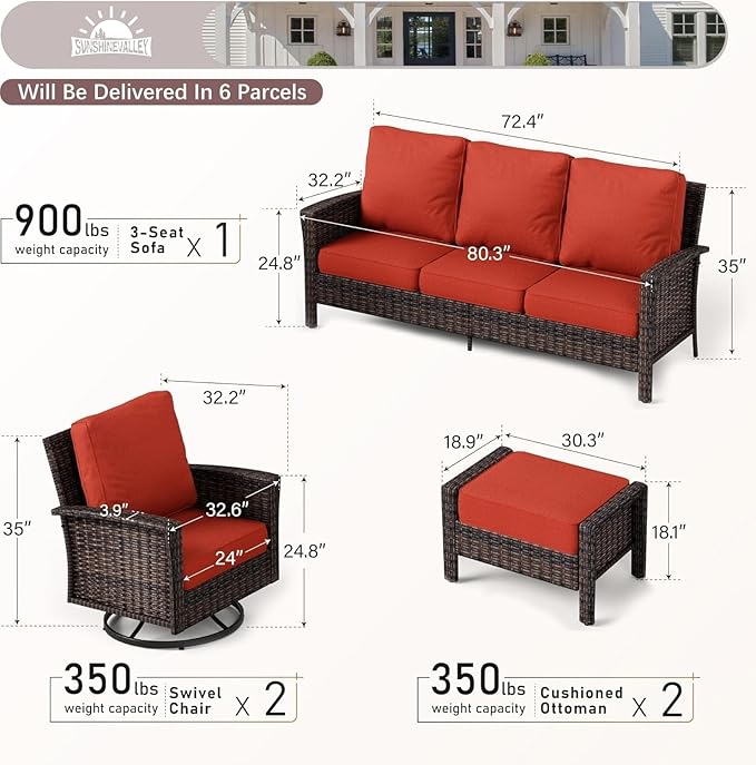 Patio Furniture Set with Swivel Chairs, High Back Wicker Rattan Furniture with 5.5" Thick Cushion and 2 Ottoman, Outdoor Conversation Set for Backyard Deck, Red