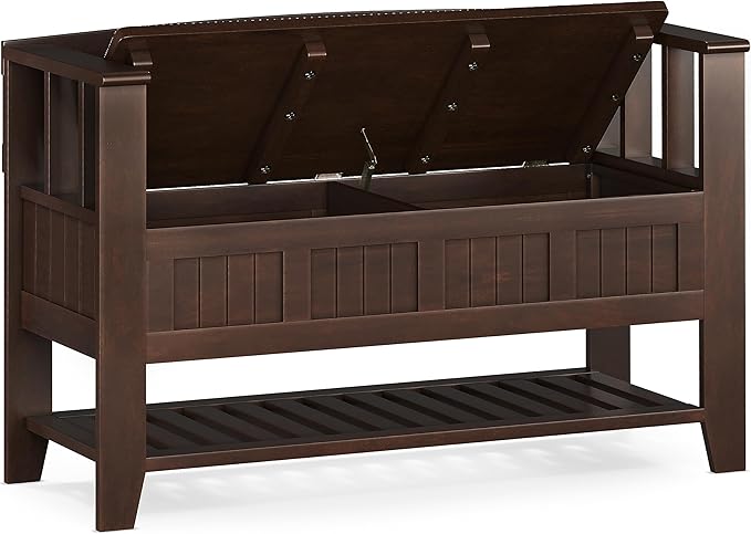 SIMPLIHOME Acadian Entryway Storage Bench - 48 inch Wide Solid Wood Hallway Seat with Shelf in Brunette Brown, Transitional Bench for Entryway or Living Room with Open Storage and Slatted Bottom