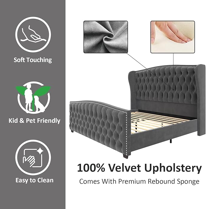 AMERLIFE California King Size Platform Bed Frame, Velvet Upholstered Bed with Deep Button Tufted & Nailhead Trim Wingback Headboard/No Box Spring Needed, Grey