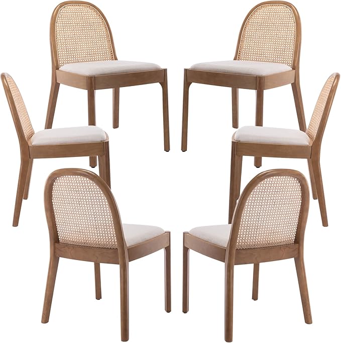 Upholstered Wooden Dining Chairs Set of 6, Farmhouse Kitchen & Dining Room Chairs with Cane Back, Accent Dining Table Chairs Beige Linen Seat for Kitchen/Restaurant/Living Room, Beige