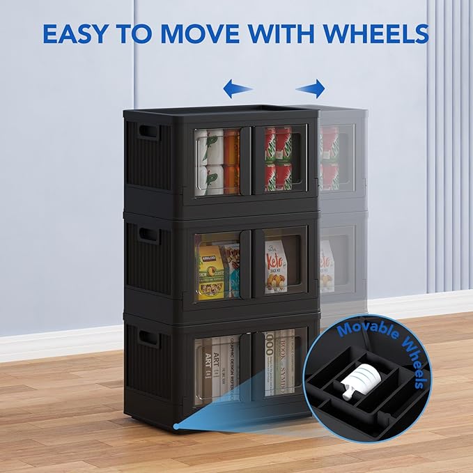 FLEXIMOUNTS 110 QT Stackable Storage Bins With Lids, Collapsible Plastic Storage Bins With Doors and Built-in Wheels For Home Dorm Closet Organizers and Storage, 3 Pack Cubes, Black
