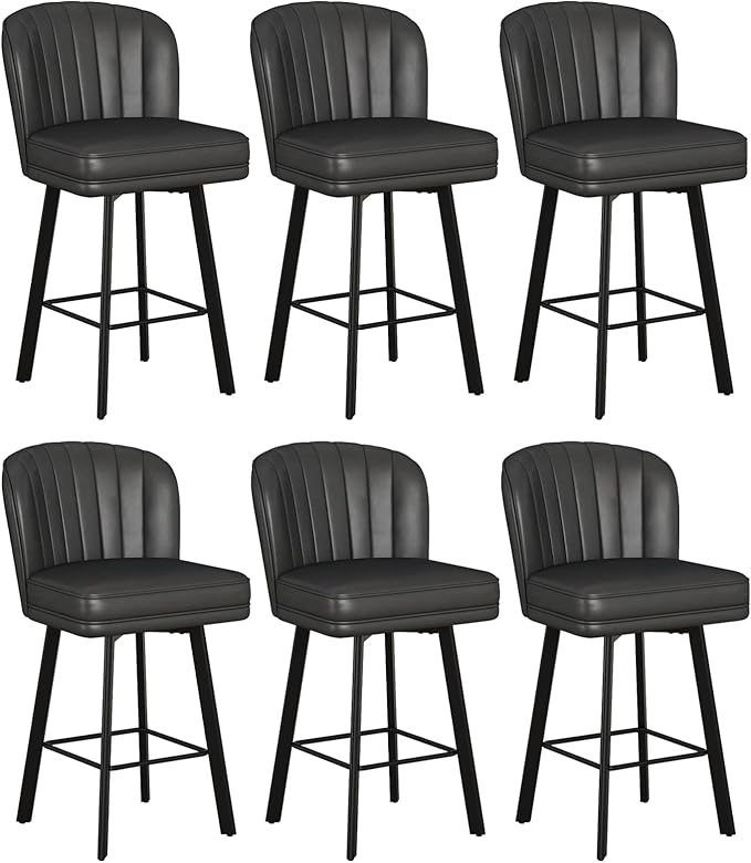 Swivel Counter Height Bar Stools Set of 6, 26'' Modern Barstools with Backs and Metal Legs, Upholstered Bar Chairs, Faux Leather Black Stools for Kitchen Island Chairs