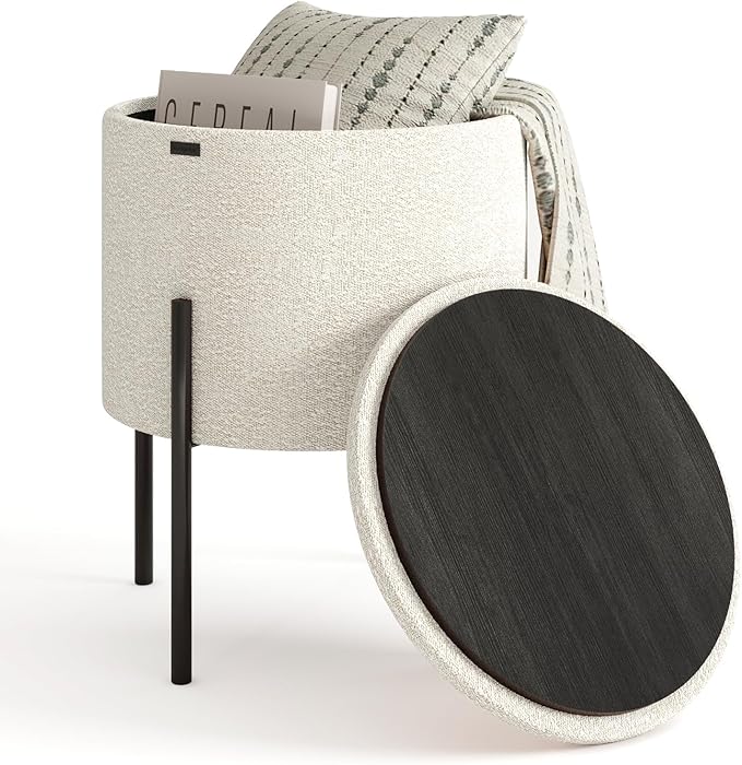 STORAGEBUD Round Ottoman with Storage, Boucle Storage Foot Stool, Makeup Vanity Stool, Small Ottoman Foot Rest, Modern Ottomans for Living Room and Bedroom, White