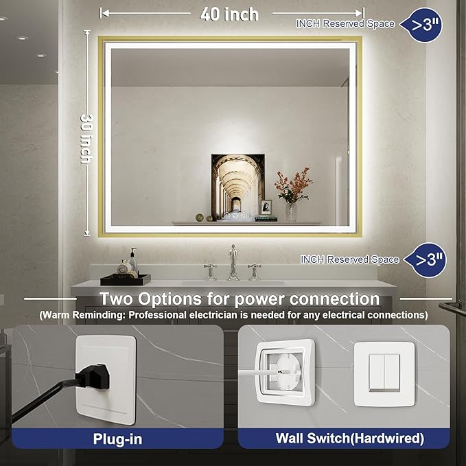 LED Bathroom Mirror, 40x30 Inch Frontlit & Backlit Gold Framed Lighted Mirror,Wall Mouted Vanity Mirror with Lights,Double Lights Strips,Anti Fog Stepless 3 Colors Temperature & Dimmable