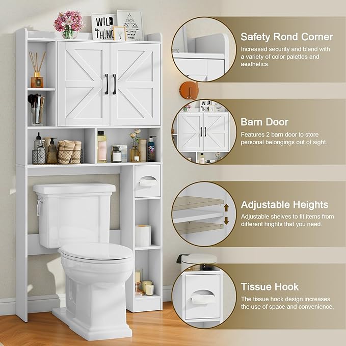 Vabches Over The Toilet Storage Cabinet, Farmhouse Storage Cabinet Over Toilet with 2 Barn Door & Toilet Paper Holder Stand,Home Space-Saving Toilet Rack, for Bathroom, Restroom, Laundry