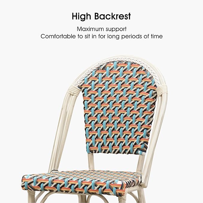 PURPLE LEAF French Bar Stool Set of 2 White Print Finish Patio Bar Stools with Back Rattan Chairs Wicker Bar Height Stool 30" with Footrest Kitchen Island Stools Outdoor Barstool Colorful