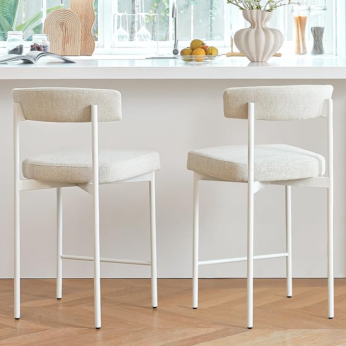 Beige Modern Bar Stools Set of 2, 24 Inch Counter Stools with Curved Backrest, Counter Height Bar Stools for Kitchen Island