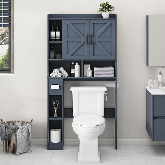 Vabches Over The Toilet Storage Cabinet, Farmhouse Storage Cabinet Over Toilet with 2 Barn Door & Toilet Paper Holder Stand,Home Space-Saving Toilet Rack, for Bathroom, Restroom, Laundry,Blue