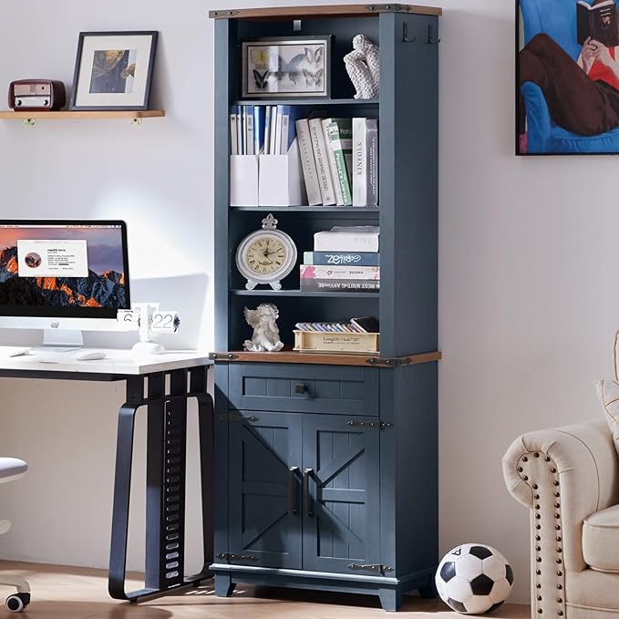 72in Tall Bookshelf 7 Tier Bookcase with Drawer and Barn Doors and Adjustable Shelves, Blue Farmhouse Book Shelf with Storage Cabinet, Wood Freestanding Display Bookshelves for Living Room