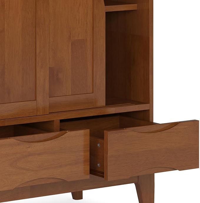 SIMPLIHOME Harper Medium Storage Cabinet - 48 inch Wide Solid Hardwood Sliding Door Cabinet in Teak Brown, Mid-Century Modern Cupboard for Living Room or Entryway with 3 Drawers and Tapered Legs