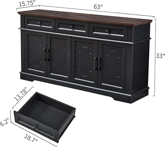 63" Black Buffet Sideboard Cabinet with 4 Doors and 3 Drawers, Modern Farmhouse Kitchen Storage Cabinet, Coffee Bar Cabinet with Adjustable Shelves, Kitchen Living Room Storage, Dining Room