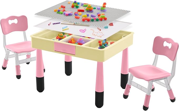 4 in 1 Kids Table and 2 Chairs Set with Storage, Toddler Table and Chair Set for Kids Ages 3-10, Graffiti & Building Blocks Double-Sided Tabletop (Pink, 2 Chairs)