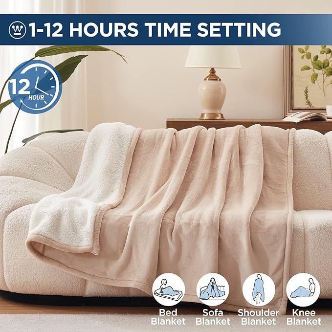 Westinghouse Electric Blanket Full, Heated Blanket Full Size with 10 Heating Levels and 1 to 12 Hours Heating Time Settings, Flannel to Sherpa Reversible, Machine Washable (80" x 84", Beige)