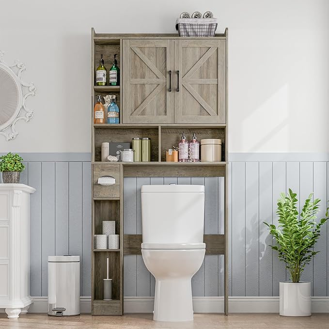 Over The Toilet Storage Cabinet, Farmhouse Storage Cabinet Over Toilet with 2 Barn Door & Toilet Paper Holder Stand, Home Space-Saving Rack, for Bathroom, Restroom (Grey).