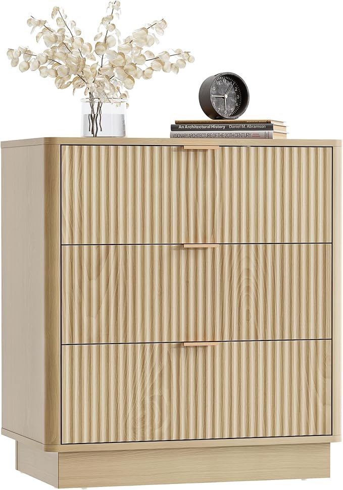 Mid Century Modern 3 Drawer Dresser for Bedroom, Fluted Wood Nightstand with Round Edge Design, Shallow Bedroom Storage for Closet, Living Room(Natural Oak)