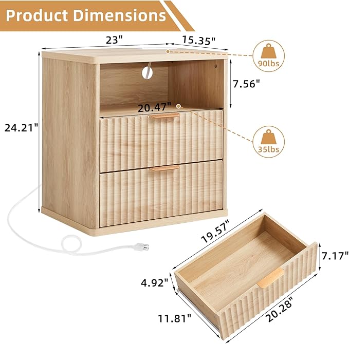 LEYAOYAO Fluted Nightstand with Charging Station, 23" Wide 2 Drawers End Table, Natural Night Stand with Open Storage Cabinet, Farmhouse Bed Side Tables, Wood Dresser for Bedroom, Living Room, Closet