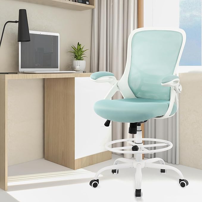 HYLONE Drafting Chair Tiffany Blue, Tall Office Chair Standing Desk Stool with Adjustable Height, Foot Ring, Flip-Up Arms, Mesh High-Back Office Chair, White