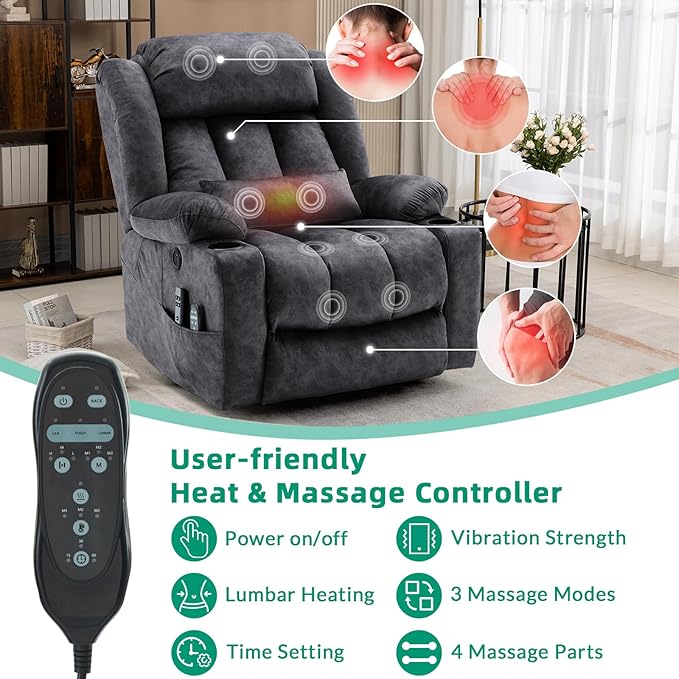 VIVIJASON Tall Man Large Dual Motor Power Lift Recliner Chair with Extended Footrest, Oversized Lay Flat Sleeper Electric Recliner W/Heat & Massage, Lumbar Pillow, USB & Type-C Ports, Plush Gray