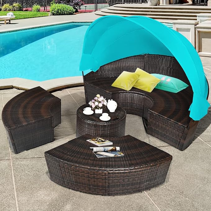COSTWAY Patio Round Daybed with Retractable Canopy, Wicker Furniture Sectional Couch with Separate Cushioned Seats, Adjustable Table Top, Patio Rattan Daybed Sofa for Poolside, Turquoise