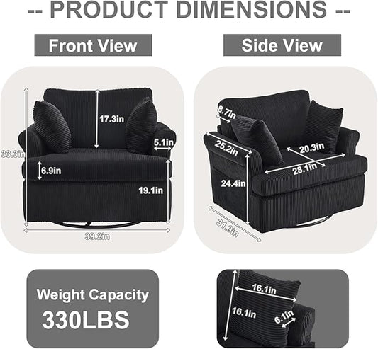 Karl home 39" Swivel Accent Chair,Oversized Seat Armchair W/2 Pillows and 4 Pockets,Modern Upholstered Corduroy Barrel Chairs,Comfy Single Sofa for Living Room,Reading,Bedroom and Office -Black
