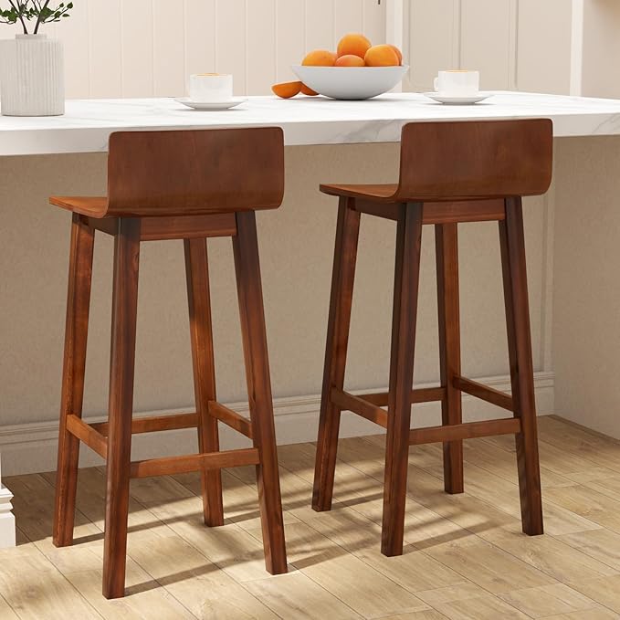 COSTWAY Solid Wood Bar Stools Set of 4, 29-inch Counter Height Chairs with Low Back and Footrest, Farmhouse Wooden Armless Barstools for Kitchen Island, Dining Room, Cafe, Breakfast, Brown