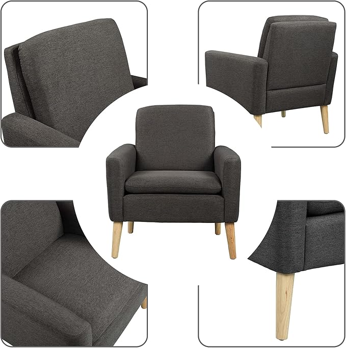 Lohoms Modern Accent Chair for Living Room, Comfy Upholstered Linen Fabric Single Sofa Chair for Bedroom, Guest Room, Office, Waiting Area, Black Armchair with Wood Legs