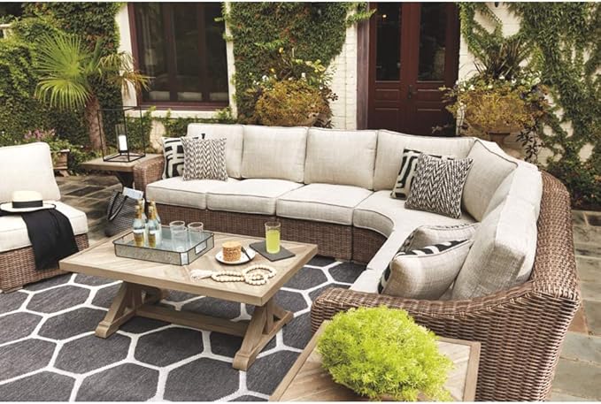Signature Design by Ashley Beachcroft Outdoor Curved Corner Chair with Cushion, 2 Pillows, Performance Fabric, Resin Wicker, 18.5" Seat Height, Beige